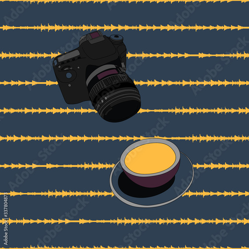 Camera and teacup illustration with a seamless background with sound waves