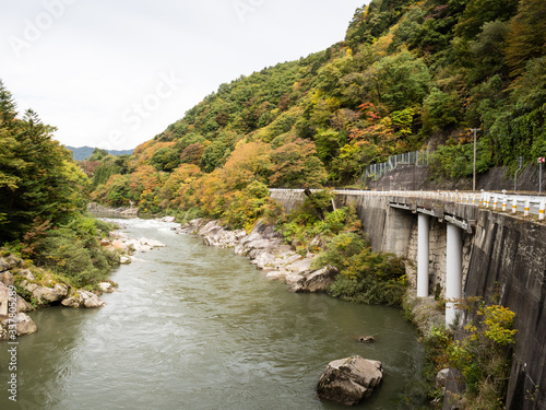 Kiso river and the remainings of Kiso-no-Kakehashi, a historic landmark in Kiso valley