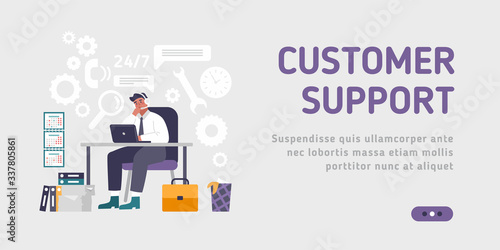 Landing page template customer and operator, online technical support 24-7 for web page. Vector illustration male hotline operator advises client. Online assistant.