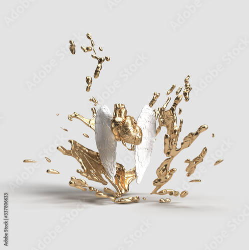 Abstract 3d rendering of angel wings and golden heart with a gold splash in isolated background