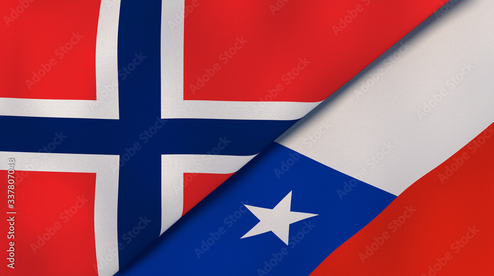The flags of Norway and Chile. News, reportage, business background. 3d illustration