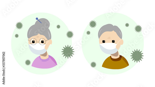 Old people pensioners grandmother and grandfather in medical mask protection from coronavirus