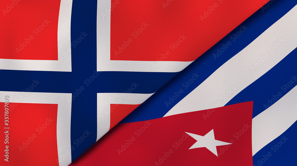 Fototapeta premium The flags of Norway and Cuba. News, reportage, business background. 3d illustration