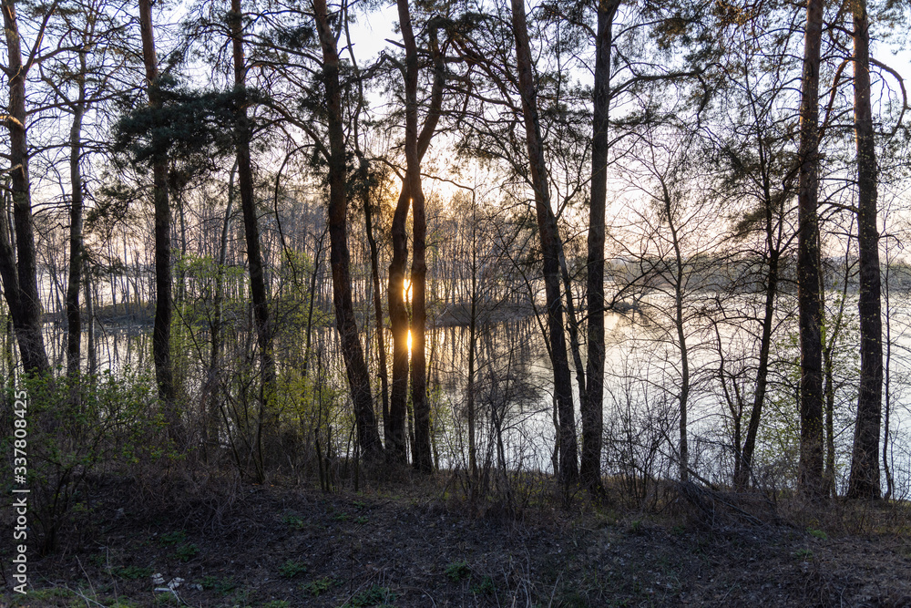 Sunset over the forest lake. The rays of the sun through the trees. Sunset over the forest lake. The rays of the sun through the trees.