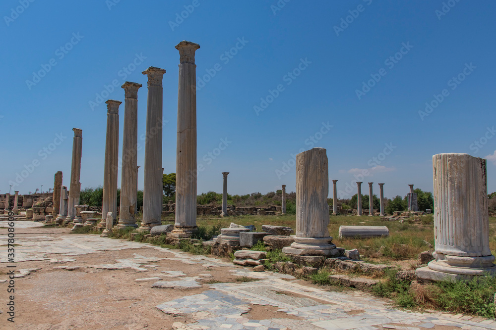 columns of salamis ruins, ancient city north cyprus and blue sky