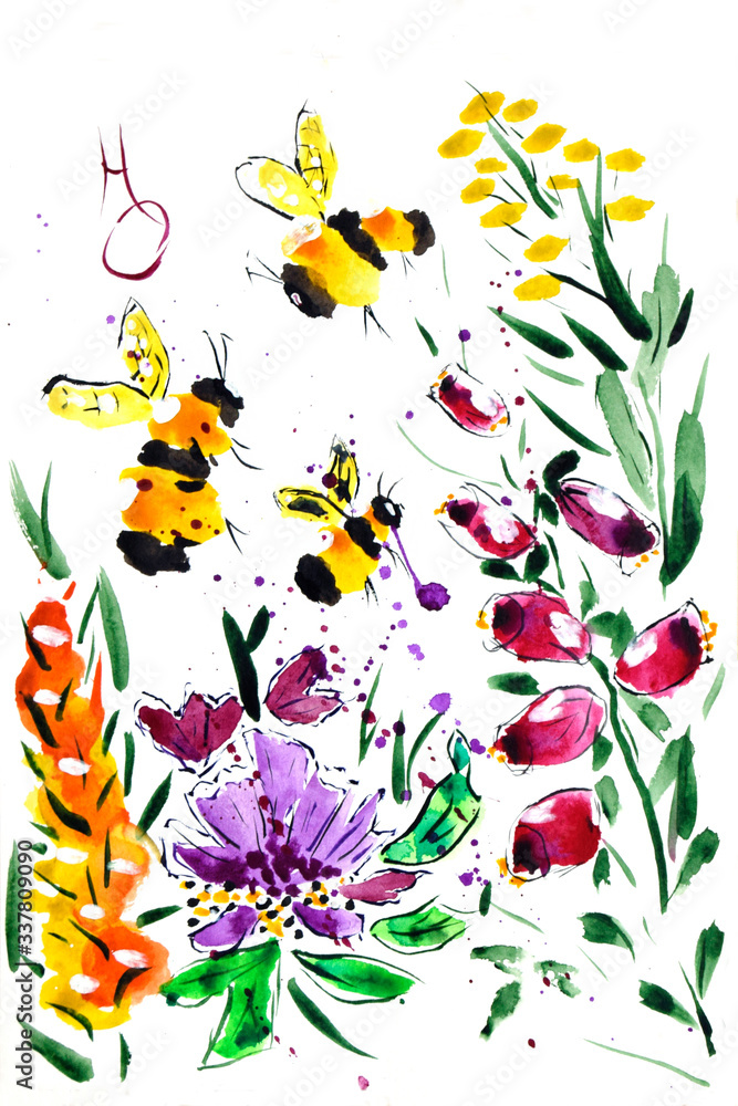 The drawing is made with watercolor paints. Bees and flowers are painted on paper.