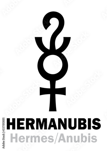Astrology Alphabet: HERMANUBIS (Hermes+Anubis), the Greek-Egyptian syncretic deity of Truth, the conductor of souls to The Underworld. Hieroglyphic character sign (original symbol).