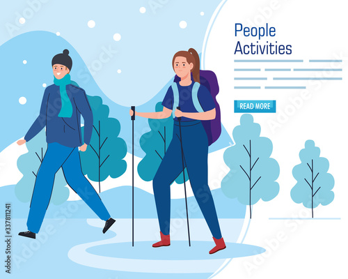 banner of young couple walking with climbing sticks in winter landscape vector illustration design