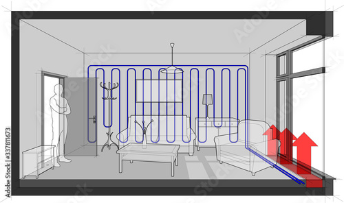 empty room with french window and floor heating convector and wall cooling and furniture