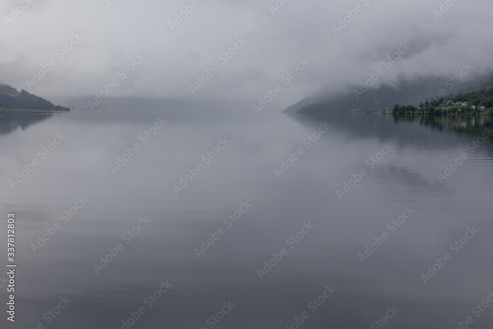 End of fjord, Beautiful Norwegian landscape. view of the fjords. Norway ideal fjord reflection in clear water