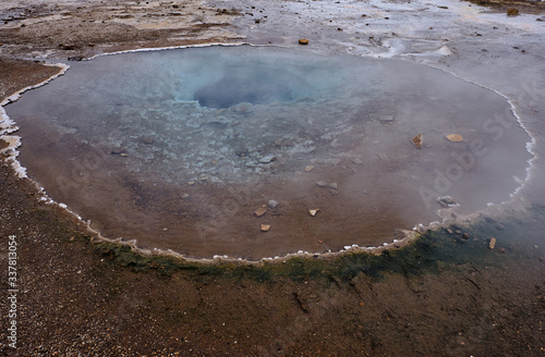 The Thermal vents located all around the Stokkur Geyser area in Iceland with the deep blue vents going deep underground