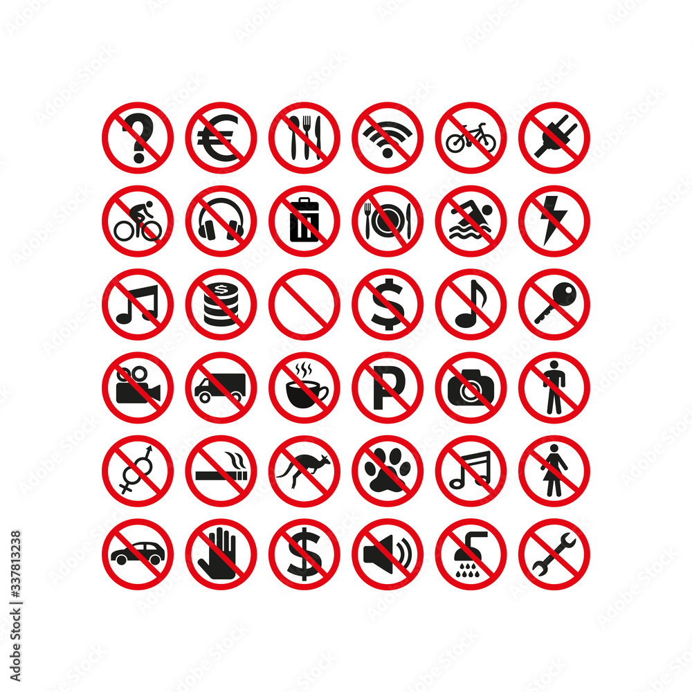 Prohibition signs set safety on white background.