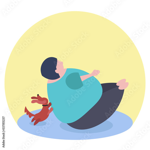 Fat funny caucasian woman doing Paripurna Navasana or Full Boat Pose.