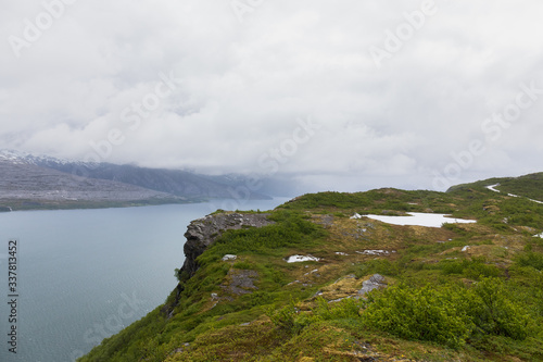 Norwegian summer landscape fjord, mountains, Norway. selective focus, Colorful morning scene in Norway.