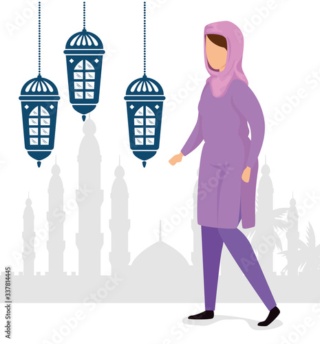 woman muslim walking with lanterns hanging vector illustration design