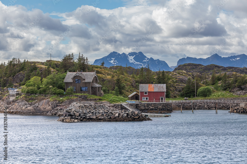 Typical Norwegian house on the fjord. Lofoten islands in Norway