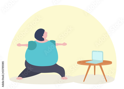 Fat funny caucasian woman practicing yoga watching online lesson on laptop