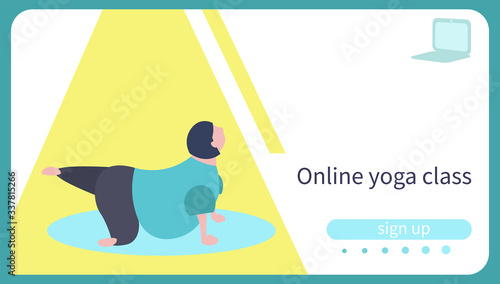Card for online yoga lesson. Body positive caucasian woman practicing yoga