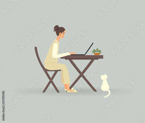 The concept of remote work during quarantine due to a virus. Cute girl in beautiful beige pajamas with dots works on a laptop.White cat sits near and pot with home plant is on table. Vector