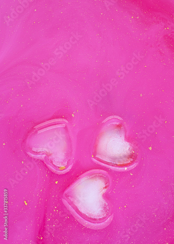 Pink abstract background of ice hearts. Love concept, modern style. Romantic card with frozen heart. Symbol of Valentine day. Cool texture, pattern. Laconic art design.