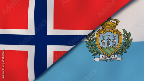 The flags of Norway and San Marino. News, reportage, business background. 3d illustration photo