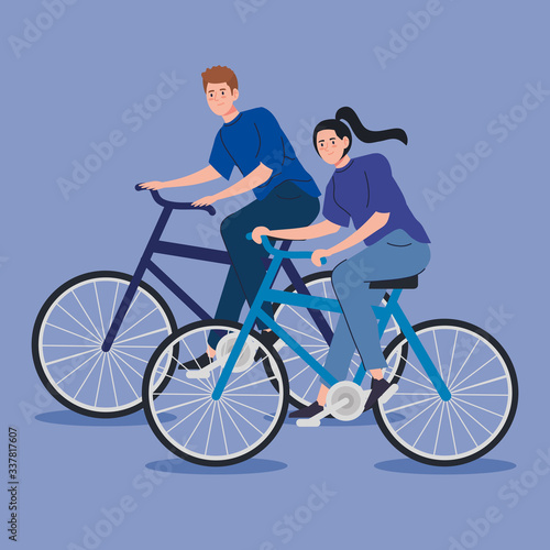 young couple riding bike avatar character vector illustration design