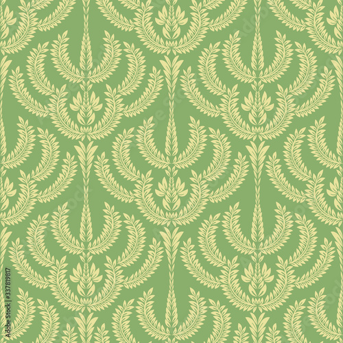 Damascus seamless Wallpaper. Yellow color of the ornament on a green background. Fabric, decorative pattern in the interior