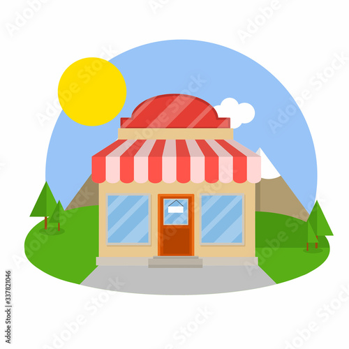 Small shop. Store with red and white roof. Food trade and coffee shop. Facade of the house with showcase. Cartoon flat illustration. Town and city. Element of urban landscape