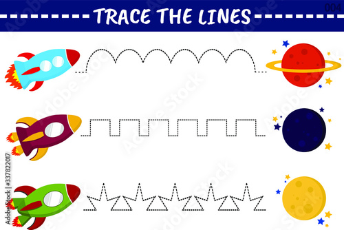Trace line worksheet for kids with colorful rockets, practicing fine motor skills. Educational game for preschool kids. Vector illustration.