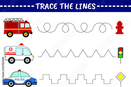 Trace line worksheet for kids with emergency vehicles, practicing fine motor skills. Educational game for preschool kids. Vector illustration.