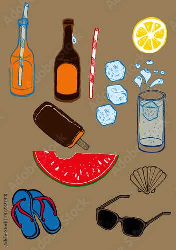 Illustration, Doodle, Sketch, Water, Wasser, Limonade, Soda, Orange, Beer, Lime, Zitrone, Ice Cubes, Eiswürfel, Eis, Schokolade Eis, Melone, Sonnenbrille, Flip Flop, Flip, Flop Splash, Wassertropfen, 