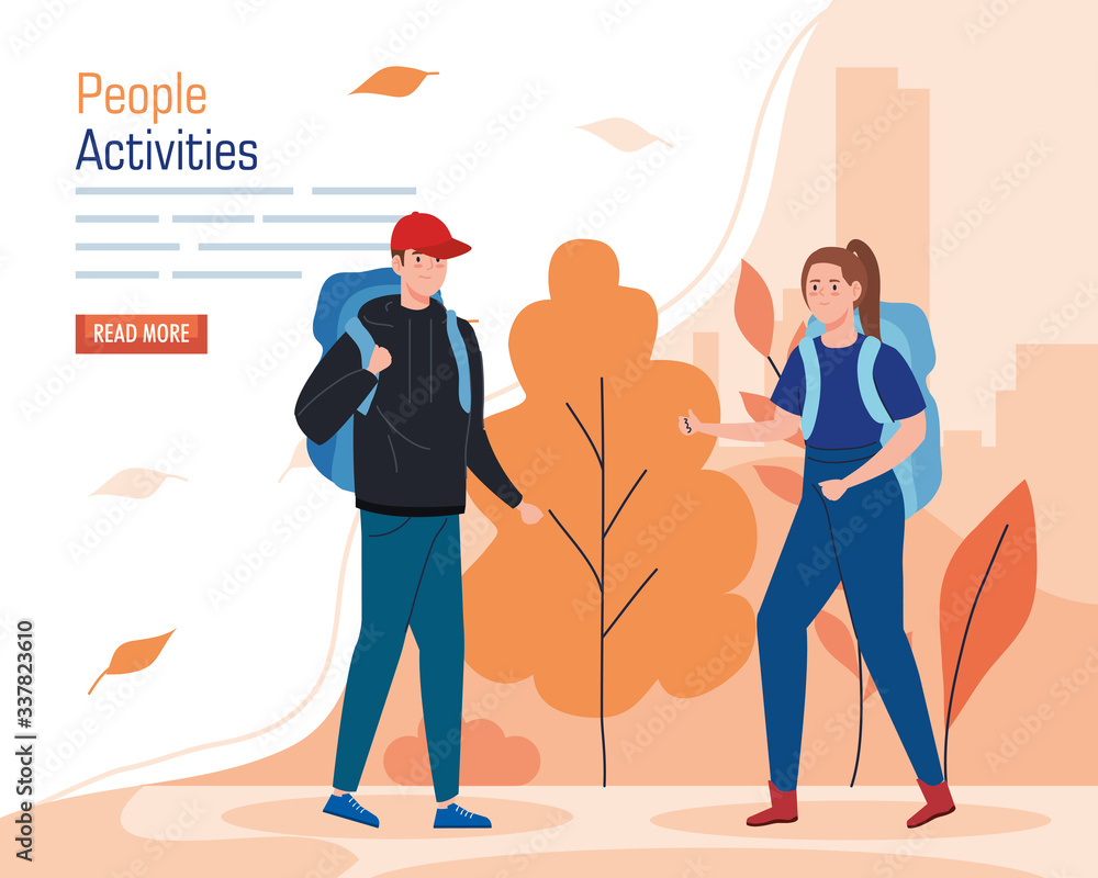 banner of young couple with travel bag walking in landscape vector illustration design