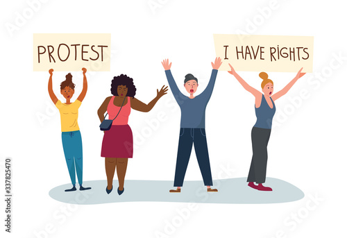 The group of different ethnic people - man and women protesting and holding the placards and banners with slogans. Flat vector illustration on isolated background.