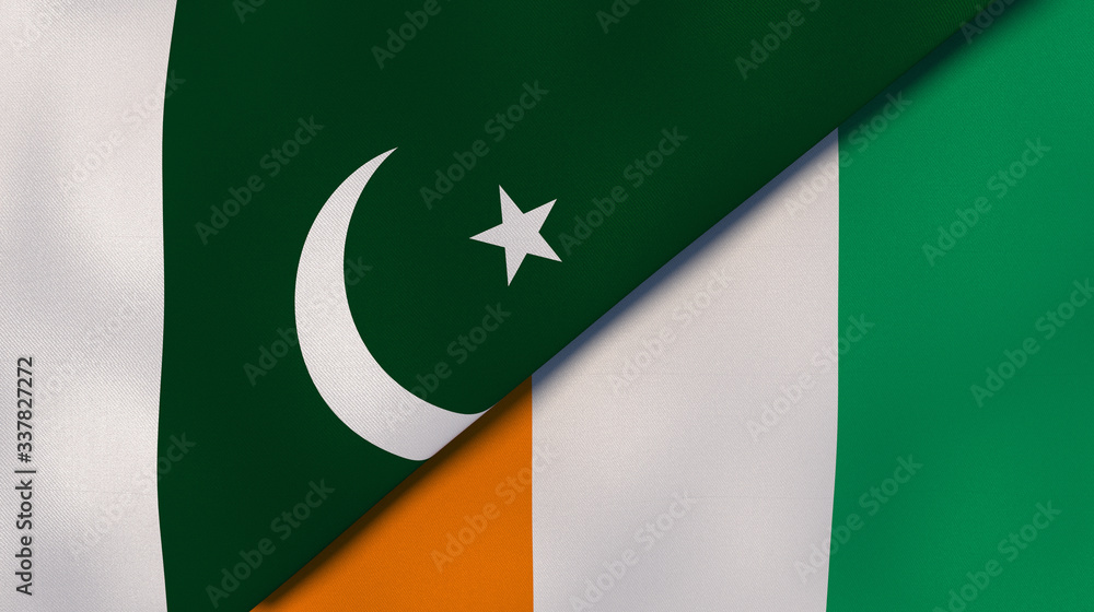 The flags of Pakistan and Ivory Coast. News, reportage, business background. 3d illustration