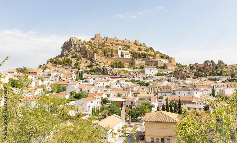 panoramic view of Moclin town and the castle, province of Granada, Andalusia, Spain