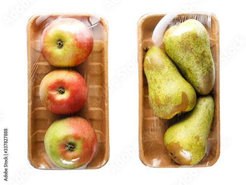 Принти на полотні apples and pears packaged in cardboard containers wrapped in cling film for reta