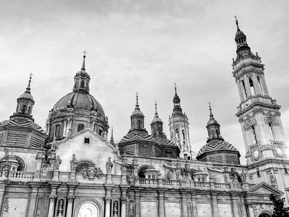 The Cathedral-Basilica of Our Lady of the Pillar, a Roman Catholic church in the city of Zaragoza, in Aragon, Spain. Black and white.