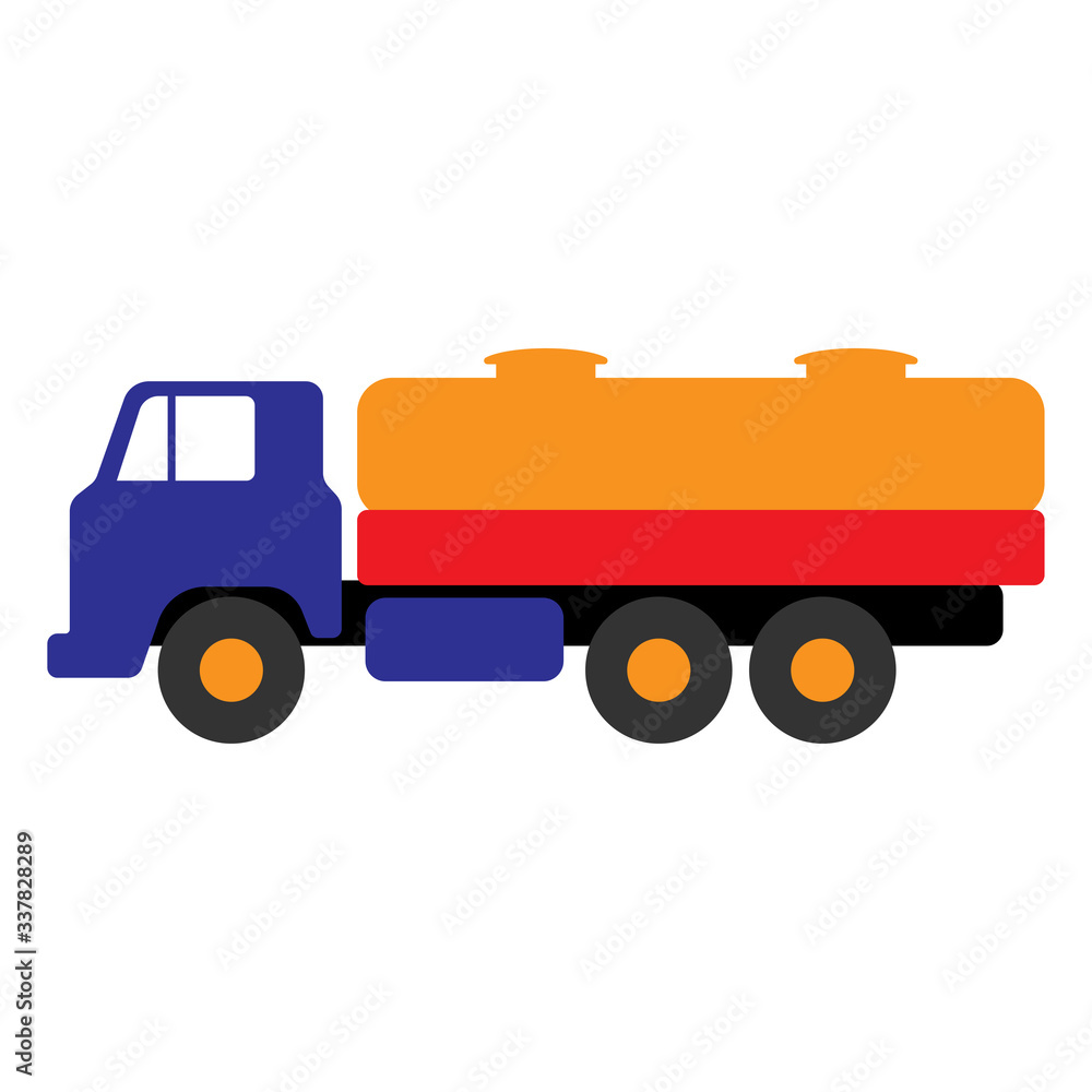 Fuel truck icon. Bright colorful toy truck. Side view. Colored silhouette. Isolated object on a white background. Isolate.