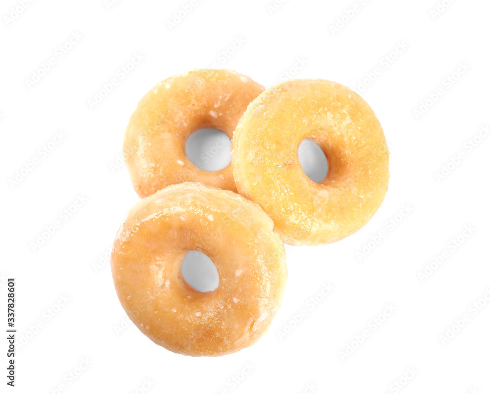 Delicious donuts on white background, top view Delicious donuts on white background, top view