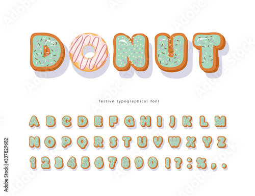 Donut hand drawn decorative font. Cartoon sweet letters and numbers. Cute design for girls. Birthday party celebration. Vector