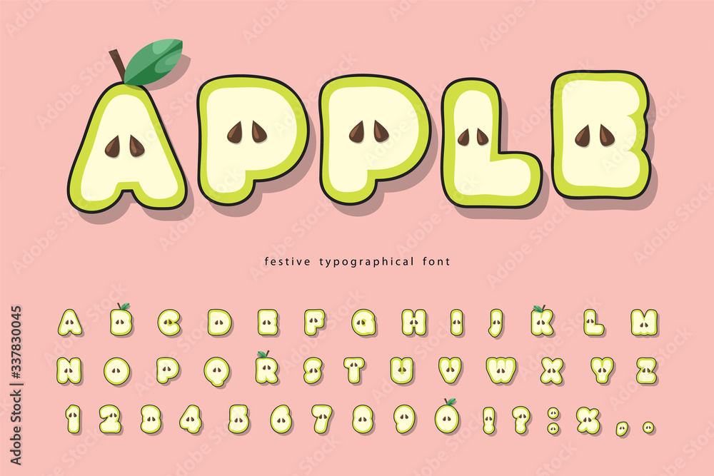 Cute summer apple font. Cartoon paper cut out alphabet for kids. Funny ...