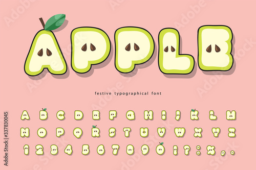 Cute summer apple font. Cartoon paper cut out alphabet for kids. Funny letters and numbers on pink. Vector