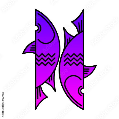 Pisces star sign Fish astrological symbol, logo, emblem. Thin line geometric illustration. Outline zodiac symbol Underwater inhabitants vector concept