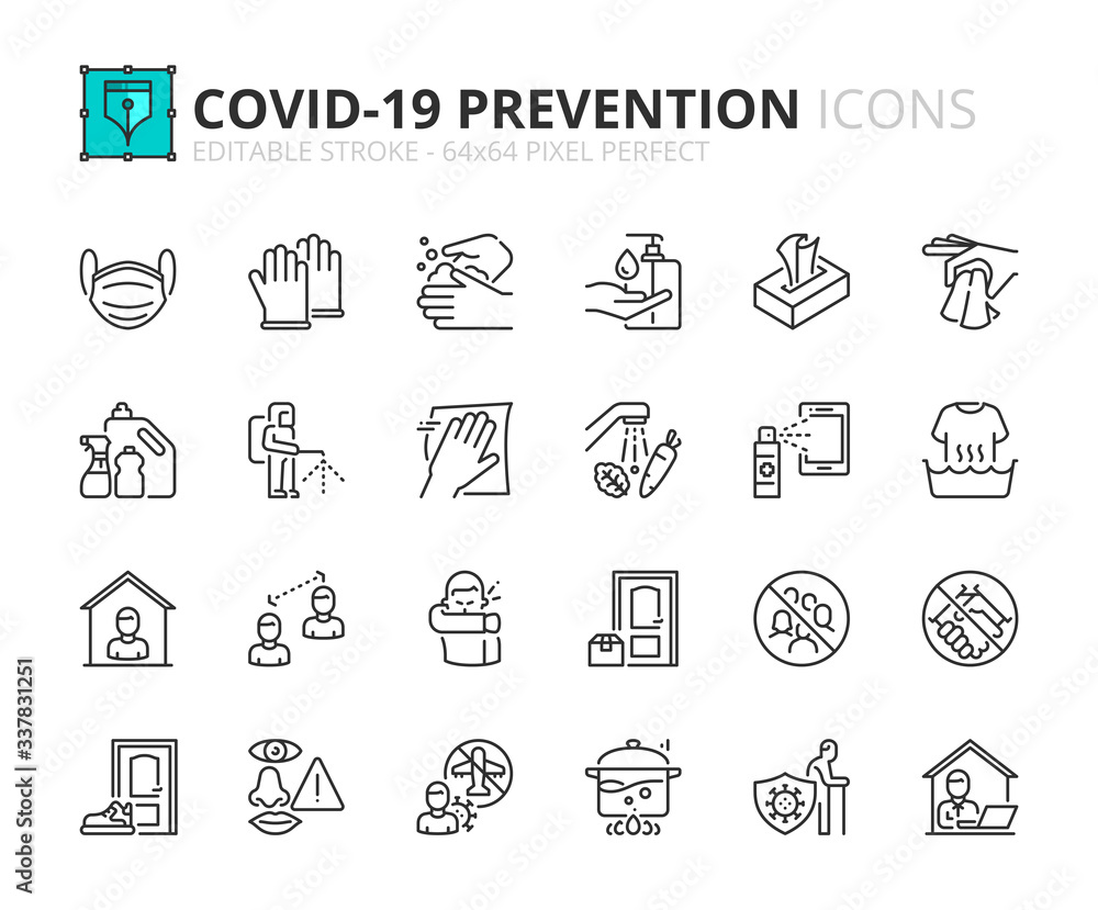Simple set of outline icons about Coronavirus prevention.