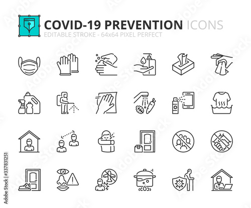 Simple set of outline icons about Coronavirus prevention.