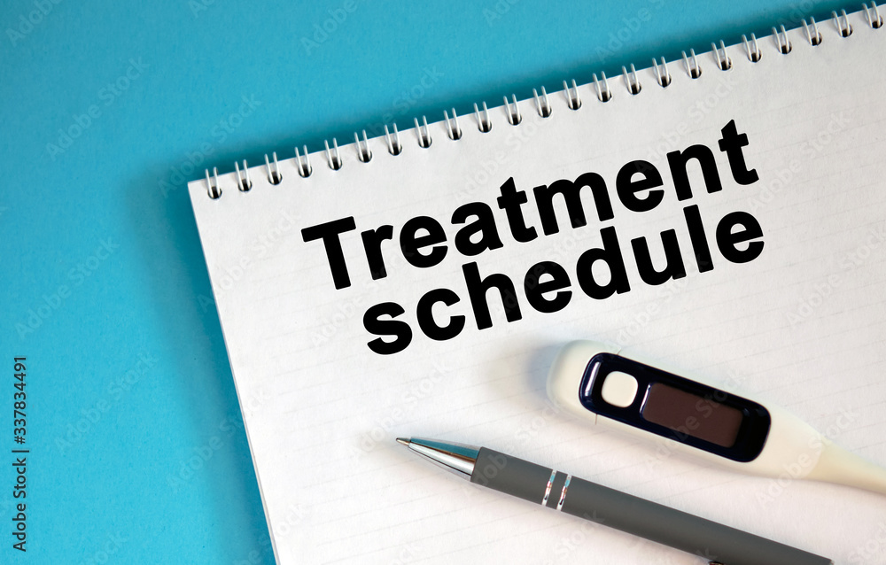 Obraz premium TREATMENT SCHEDULE - text on a notepad. Lie a pen and a medical thermometer