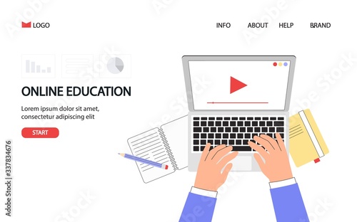 Online education concept for banner and website. Landing page template. Student's desktop with hand on laptop. Online training courses, distance education. Flat style vector illustration.