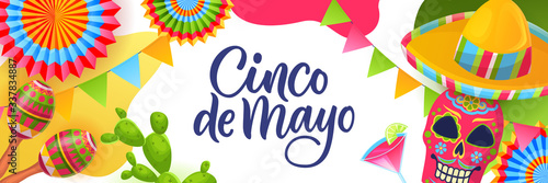 Cinco de Mayo fiesta banner, poster. Greeting card with calligraphy lettering and Mexican symbols. Vector illustration.