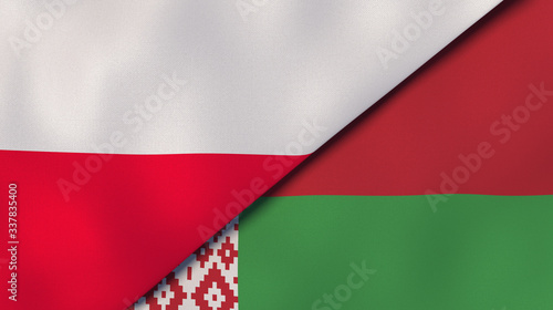 The flags of Poland and Belarus. News  reportage  business background. 3d illustration