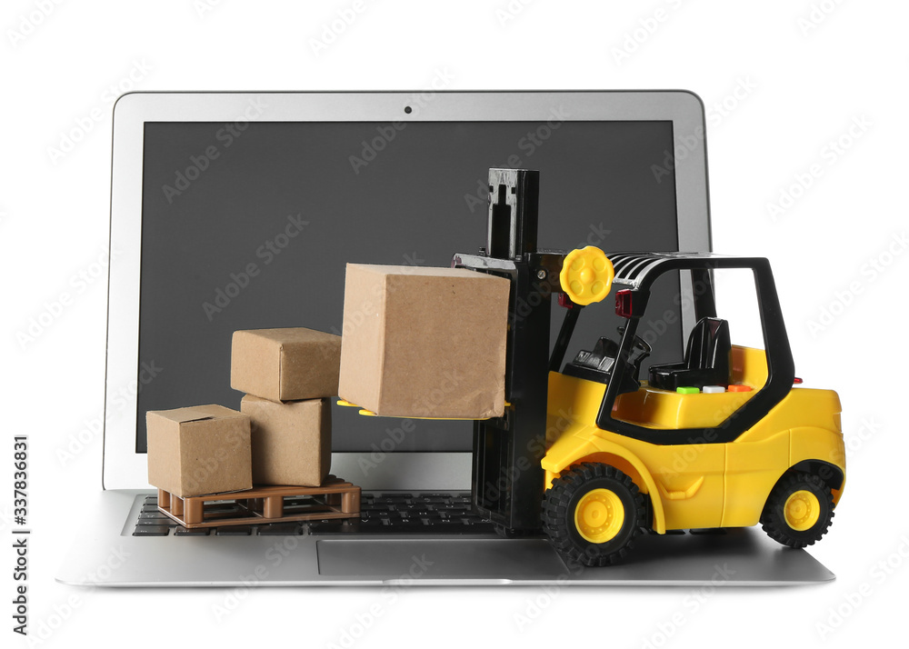 Laptop, forklift model and carton boxes on white background. Courier service